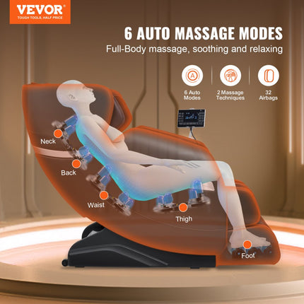 VEVOR-massagestoel - Zero-gravitatiestoel voor het hele lichaam met meerdere automatische modi, 3D Shiatsu, verwarming, Bluetooth-luidspreker, airbag, voetrol en touchscreen