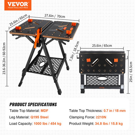 VEVOR werk- en opspantafel 454kg draagvermogen 70x65cm Groot werkblad Opklapbaar 60-92cm In hoogte verstelbaar Werkbank MDF tafelblad Q195 stalen frame Werktafel voor zagen slijpen schoonmaken