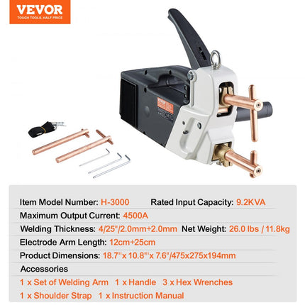 VEVOR draagbare puntlasser, 4/25" puntlasser met 9,2KVA ingangsvermogen, draagbare puntlasser met laspunt voor platen voor koolstofstaal, roestvrij staal, aluminium plaat