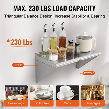 VEVOR kruidenrek wandrek 610 x 305 x 63 mm, hangend keukenrek met frame, zwevend rek roestvrij staal 104 kg belastbaar, plank wandrek kruidenrek voor keukens, restaurants, hotels, enz.