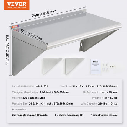 VEVOR kruidenrek wandrek 610 x 305 x 63 mm, hangend keukenrek met frame, zwevend rek roestvrij staal 104 kg belastbaar, plank wandrek kruidenrek voor keukens, restaurants, hotels, enz.