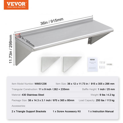 VEVOR kruidenrek wandrek 915 x 305 x 63 mm, hangend keukenrek met frame, zwevend rek roestvrij staal 113 kg belastbaar, plank wandrek kruidenrek voor keukens, restaurants, hotels, enz.
