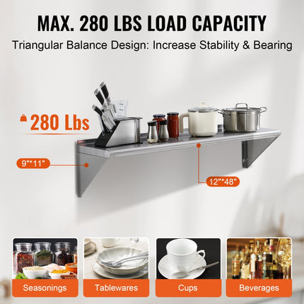VEVOR kruidenrek wandrek 1219 x 305 x 63 mm, hangend keukenrek met frame, zwevend rek roestvrij staal 127 kg belastbaar, plank wandrek kruidenrek voor keukens, restaurants, hotels, enz.