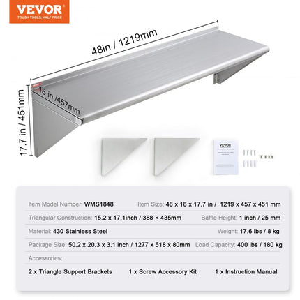 VEVOR kruidenrek wandrek 1219 x 457 x 63 mm, hangend keukenrek met frame, zwevend rek roestvrij staal 180 kg belastbaar, plank wandrek kruidenrek voor keukens, restaurants, hotels, enz.