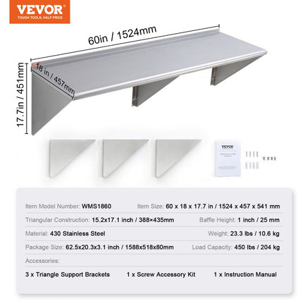 VEVOR kruidenrek wandrek 1524 x 457 x 63 mm, hangend keukenrek met frame, zwevend rek roestvrij staal 204 kg belastbaar, plank wandrek kruidenrek voor keukens, restaurants, hotels, enz.