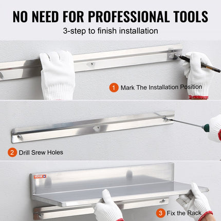 VEVOR kruidenrek, wandplank, 2-delig, hangend keukenrek, 406 x 218 x 85 mm, zwevende plank, roestvrij staal, draagvermogen 20 kg, plank, wandplank, kruidenrek, geschikt voor keukens, restaurants, hotels enz.