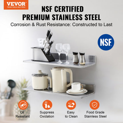 VEVOR kruidenrek, wandplank, 2 delen, hangend keukenrek, 762 x 218 x 85 mm, zwevende plank, roestvrij staal, draagvermogen 20 kg, plank, wandplank, kruidenrek, geschikt voor keukens, restaurants, hotels enz.