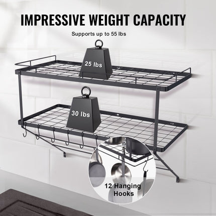 VEVOR Hangend pottenrek 30" Pot- en pannenhangrek, Pot- en pannenhanger met 12 S-haken, 50 lb laadgewicht, pannenlap Muur Ideaal voor pannen, bestek, kookgerei in de keuken