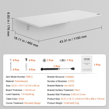 VEVOR wandklaptafel klaptafel eettafel keukentafel wandtafel 110x46cm 50kg