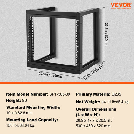 VEVOR 9U Server Rack Wandmontage 68,04kg Open Frame Netwerk Rack 530x450x520mm