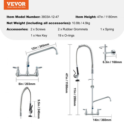 VEVOR Commerciële keukenkraan met uittrekbare voorspoeldouche, 118 cm hoogte, 203 mm midden, 305 mm draaibare uitloop, messing wastafelkraan voor 1/2/3 compartimenten spoelbak