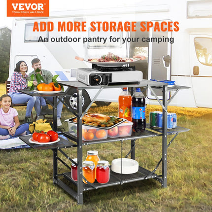 VEVOR Camping Keukentafel Aluminium Opvouwbaar Draagbaar Outdoor Kookstation met 4 Ijzeren Zijkanten 2 Planken en Draagtas Snelle Installatie voor Picknick, BBQ, Strand, Reizen etc.