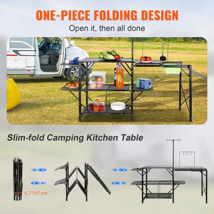 VEVOR Camping Keukentafel Opvouwbare Draagbare Kookstation Tafels Planken en een Spoelbak