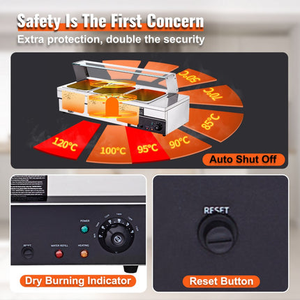 VEVOR RVS buffetverwarmer voedselverwarmer 1500 W, 3 x 13,2 L buffetbakken, 265 x 325 x 150 mm Elke verwarmingsplaat te gebruiken, incl. glazen deksel & aftapkraan & droogbrandindicator, voor kantine, café etc.