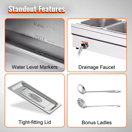 VEVOR RVS buffetverwarmer voedselverwarmer 1500 W, 3 x 13,2 L buffetbakken, 265 x 325 x 150 mm Elke verwarmingsplaat te gebruiken, incl. glazen deksel & aftapkraan & droogbrandindicator, voor kantine, café etc.