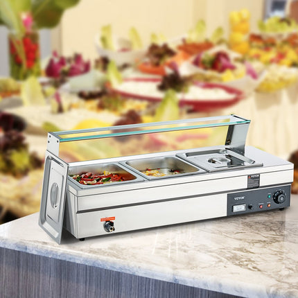 VEVOR RVS buffetverwarmer voedselverwarmer 1500 W, 3 x 13,2 L buffetbakken, 265 x 325 x 150 mm Elke verwarmingsplaat te gebruiken, incl. glazen deksel & aftapkraan & droogbrandindicator, voor kantine, café etc.
