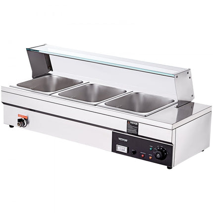 VEVOR RVS buffetverwarmer voedselverwarmer 1500 W, 3 x 13,2 L buffetbakken, 265 x 325 x 150 mm Elke verwarmingsplaat te gebruiken, incl. glazen deksel & aftapkraan & droogbrandindicator, voor kantine, café etc.