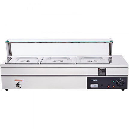 VEVOR RVS buffetverwarmer voedselverwarmer 1500 W, 3 x 13,2 L buffetbakken, 265 x 325 x 150 mm Elke verwarmingsplaat te gebruiken, incl. glazen deksel & aftapkraan & droogbrandindicator, voor kantine, café etc.