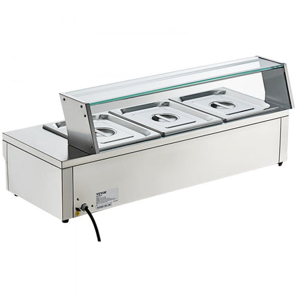 VEVOR RVS buffetverwarmer voedselverwarmer 1500 W, 3 x 13,2 L buffetbakken, 265 x 325 x 150 mm Elke verwarmingsplaat te gebruiken, incl. glazen deksel & aftapkraan & droogbrandindicator, voor kantine, café etc.