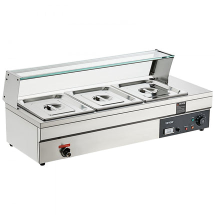 VEVOR RVS buffetverwarmer voedselverwarmer 1500 W, 3 x 13,2 L buffetbakken, 265 x 325 x 150 mm Elke verwarmingsplaat te gebruiken, incl. glazen deksel & aftapkraan & droogbrandindicator, voor kantine, café etc.