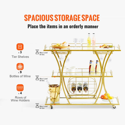 VEVOR serveerwagen barwagen wagen 3 niveaus, wijnwagen 82 kg draagvermogen, verrijdbare drankenwagen, spiegelglazen planken 111 x 35 x 92,5 cm, voor kleine ruimtes, keuken, eetkamer, bar, goudkleur