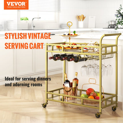 VEVOR serveerwagen barwagen trolley 2 niveaus, wijnwagen 55 kg draagvermogen, mobiele drankenwagen, spiegelglazen planken 85,5 x 38 x 93 cm, voor kleine ruimtes, keuken, eetkamer, bar, goudkleur