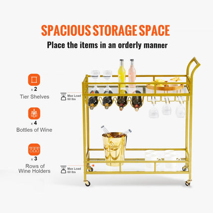VEVOR serveerwagen barwagen trolley 2 niveaus, wijnwagen 55 kg draagvermogen, mobiele drankenwagen, spiegelglazen planken 85,5 x 38 x 93 cm, voor kleine ruimtes, keuken, eetkamer, bar, goudkleur