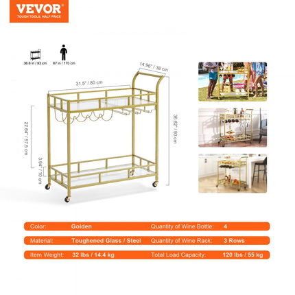 VEVOR serveerwagen barwagen trolley 2 niveaus, wijnwagen 55 kg draagvermogen, mobiele drankenwagen, spiegelglazen planken 85,5 x 38 x 93 cm, voor kleine ruimtes, keuken, eetkamer, bar, goudkleur