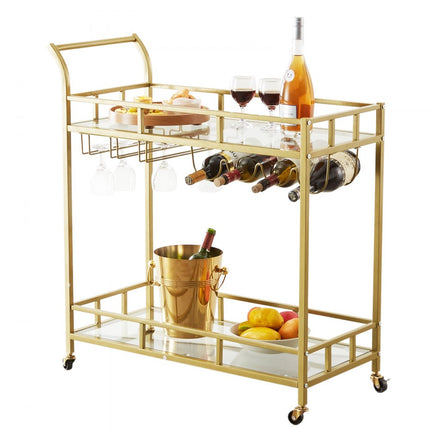 VEVOR serveerwagen barwagen trolley 2 niveaus, wijnwagen 55 kg draagvermogen, mobiele drankenwagen, spiegelglazen planken 85,5 x 38 x 93 cm, voor kleine ruimtes, keuken, eetkamer, bar, goudkleur