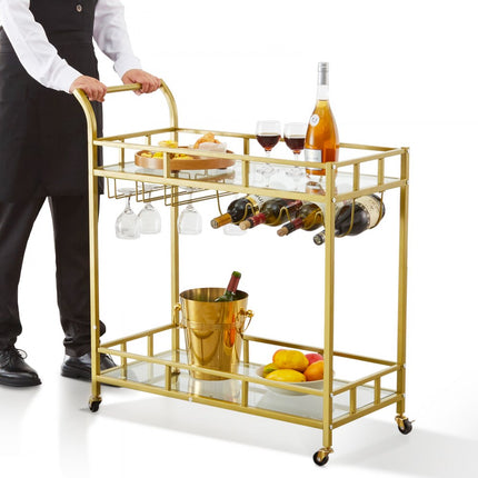 VEVOR serveerwagen barwagen trolley 2 niveaus, wijnwagen 55 kg draagvermogen, mobiele drankenwagen, spiegelglazen planken 85,5 x 38 x 93 cm, voor kleine ruimtes, keuken, eetkamer, bar, goudkleur