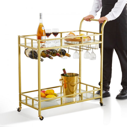 VEVOR serveerwagen barwagen trolley 2 niveaus, wijnwagen 55 kg draagvermogen, mobiele drankenwagen, spiegelglazen planken 85,5 x 38 x 93 cm, voor kleine ruimtes, keuken, eetkamer, bar, goudkleur