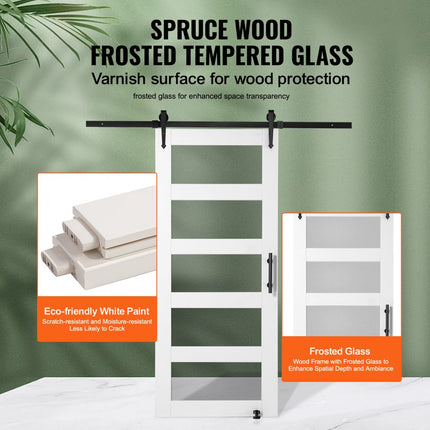 VEVOR Staldeurbeslagset 914x2133mm Houten Glazen Schuifdeur Wit