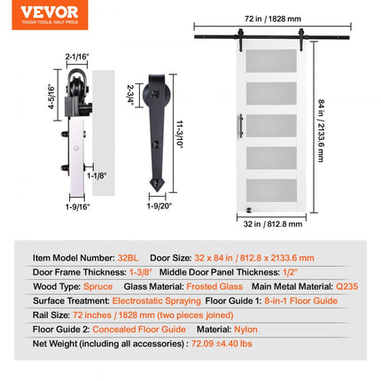 VEVOR Staldeurbeslagset 762x2134mm Houten Glazen Schuifdeur