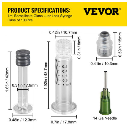 VEVOR Spuit Injectiespuiten BorosilicaatglasLuer lock 1 mL 100 ST Latexvrije