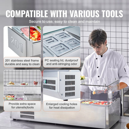 VEVOR Gekoeld kruidenstation op aanrecht, voorbereidingsstation met 2 x 1/3 pan en 6 x 1/6 pannen, 304 roestvrijstalen behuizing en PC-deksel, glazen beschermer voor sandwichbereidingstafel