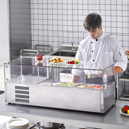 VEVOR Gekoeld kruidenstation op aanrecht, voorbereidingsstation met 2 x 1/3 pan en 6 x 1/6 pannen, 304 roestvrijstalen behuizing en PC-deksel, glazen beschermer voor sandwichbereidingstafel