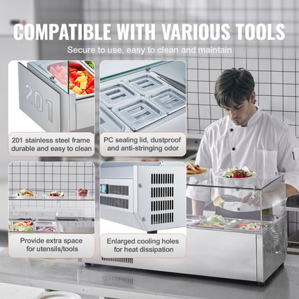VEVOR 140W gekoeld kruidenstation op het aanrecht met 1 x 1/3 pan en 4 x 1/6 pannen, 304 roestvrijstalen behuizing en polycarbonaat deksel, sandwichbereidingstafel met glazen beschermer