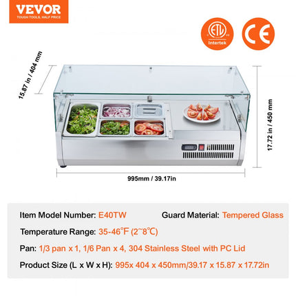 VEVOR 140W gekoeld kruidenstation op het aanrecht met 1 x 1/3 pan en 4 x 1/6 pannen, 304 roestvrijstalen behuizing en polycarbonaat deksel, sandwichbereidingstafel met glazen beschermer
