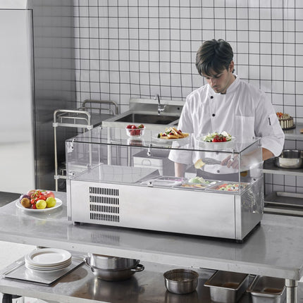 VEVOR 140W gekoeld kruidenstation op het aanrecht met 1 x 1/3 pan en 4 x 1/6 pannen, 304 roestvrijstalen behuizing en polycarbonaat deksel, sandwichbereidingstafel met glazen beschermer