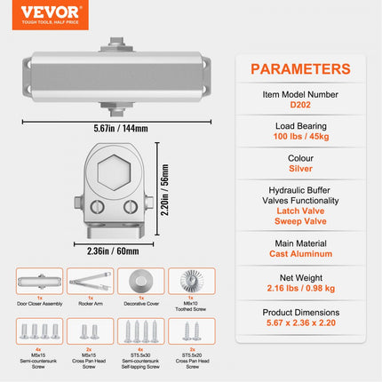 VEVOR deurdranger automatische poortdranger voor commercieel of particulier gebruik voor deurgewichten tot 45 kg bardeurdranger met hydraulische bufferbehuizing van gegoten aluminium zilver