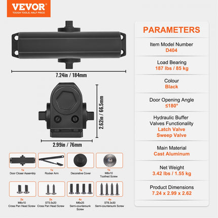 VEVOR deurdranger automatische poortdranger voor commercieel of particulier gebruik voor deurgewichten tot 85 kg bardeurdranger met hydraulische bufferbehuizing van gegoten aluminium zwart