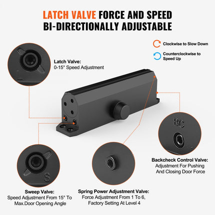 VEVOR deurdranger automatische poortdranger voor commercieel of particulier gebruik voor deurgewichten tot 120 kg bardeurdranger met hydraulische bufferbehuizing van gegoten aluminium zwart