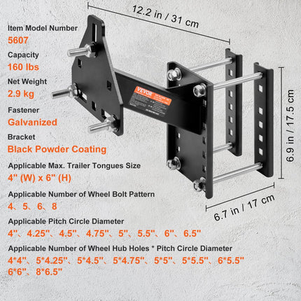 VEVOR Reservewieldrager Trailer Reservewielhouder 160 lbs Capaciteit Utility Trailer Accessoires Geschikt voor de meeste 4" 5" 6" 8" wielen op 4" 4,25" 4,5" 4,75" inch, 5