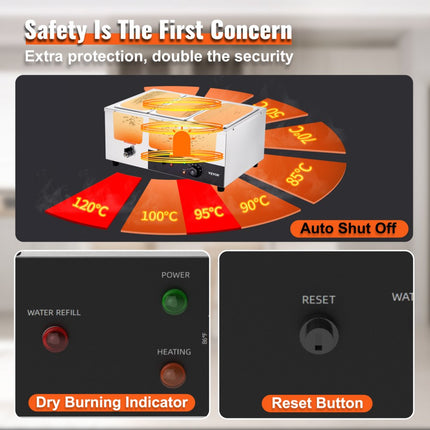 VEVOR RVS buffetverwarmer voedselverwarmer 1500 W, 3 x 8,8 L buffetcontainers, 176 x 325 x 150 mm Elke verwarmingsplaat te gebruiken, incl. deksel & aftapkraan & droogbrandindicator, voor kantine, café etc.