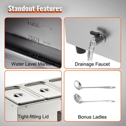 VEVOR RVS buffetverwarmer voedselverwarmer 1500 W, 3 x 8,8 L buffetcontainers, 176 x 325 x 150 mm Elke verwarmingsplaat te gebruiken, incl. deksel & aftapkraan & droogbrandindicator, voor kantine, café etc.