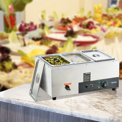 VEVOR RVS buffetverwarmer voedselverwarmer 1500 W, 3 x 8,8 L buffetcontainers, 176 x 325 x 150 mm Elke verwarmingsplaat te gebruiken, incl. deksel & aftapkraan & droogbrandindicator, voor kantine, café etc.