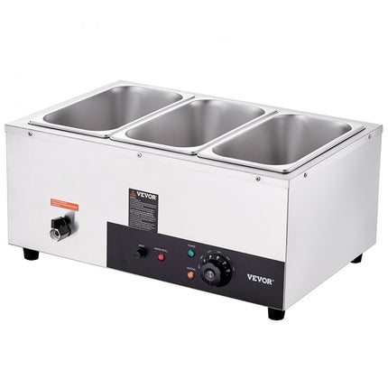 VEVOR RVS buffetverwarmer voedselverwarmer 1500 W, 3 x 8,8 L buffetcontainers, 176 x 325 x 150 mm Elke verwarmingsplaat te gebruiken, incl. deksel & aftapkraan & droogbrandindicator, voor kantine, café etc.