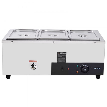 VEVOR RVS buffetverwarmer voedselverwarmer 1500 W, 3 x 8,8 L buffetcontainers, 176 x 325 x 150 mm Elke verwarmingsplaat te gebruiken, incl. deksel & aftapkraan & droogbrandindicator, voor kantine, café etc.