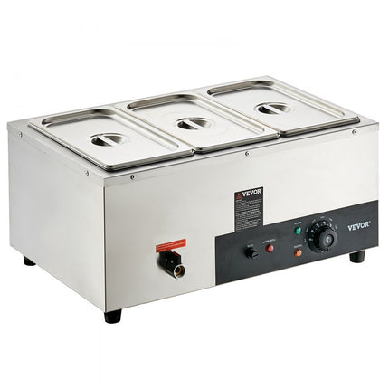 VEVOR RVS buffetverwarmer voedselverwarmer 1500 W, 3 x 8,8 L buffetcontainers, 176 x 325 x 150 mm Elke verwarmingsplaat te gebruiken, incl. deksel & aftapkraan & droogbrandindicator, voor kantine, café etc.