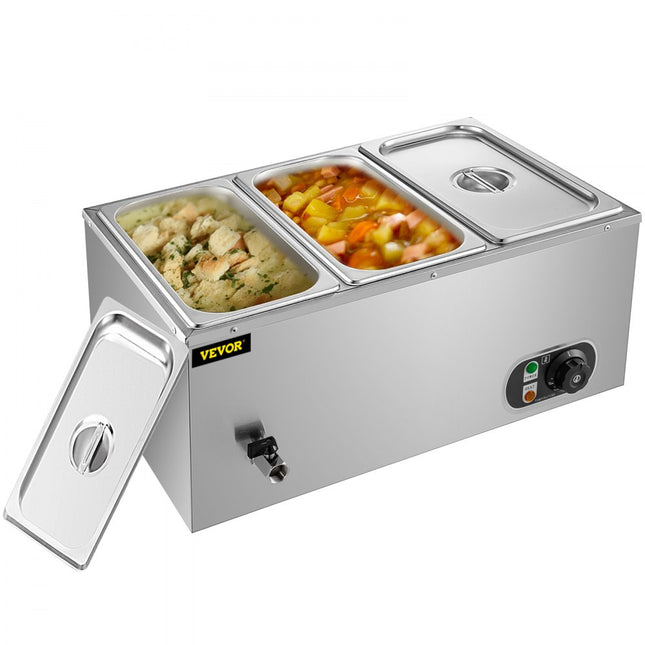 3-Pan Food Warmer Steam Table Steamer Portable Bain-Marie Kitchen Appliance